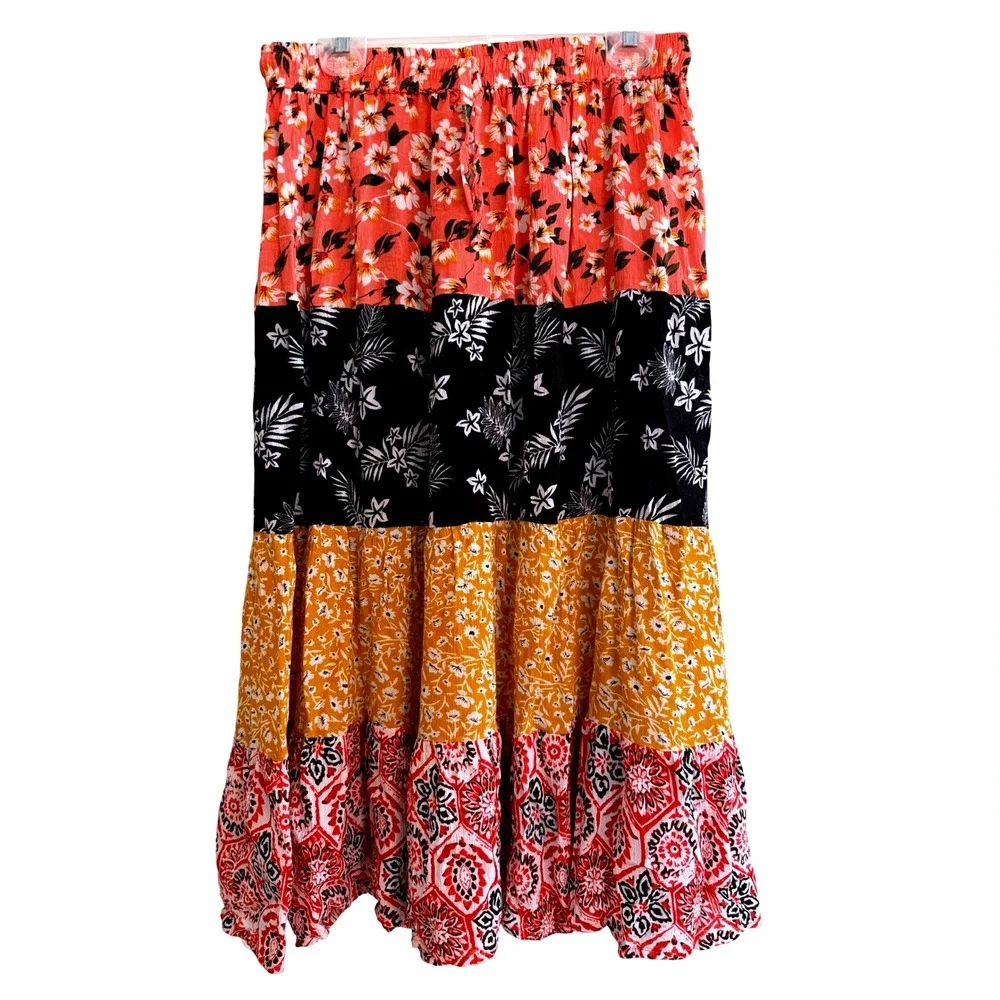 Boho Hippie Jackpot Skirt One Size Multicolor Floral Tiered Maxi Geometric Long